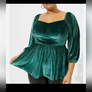 Torrid Green Velvet Peplum Milkmaid Blouse Cottagecore Fairy Witchy Plus Size 2X